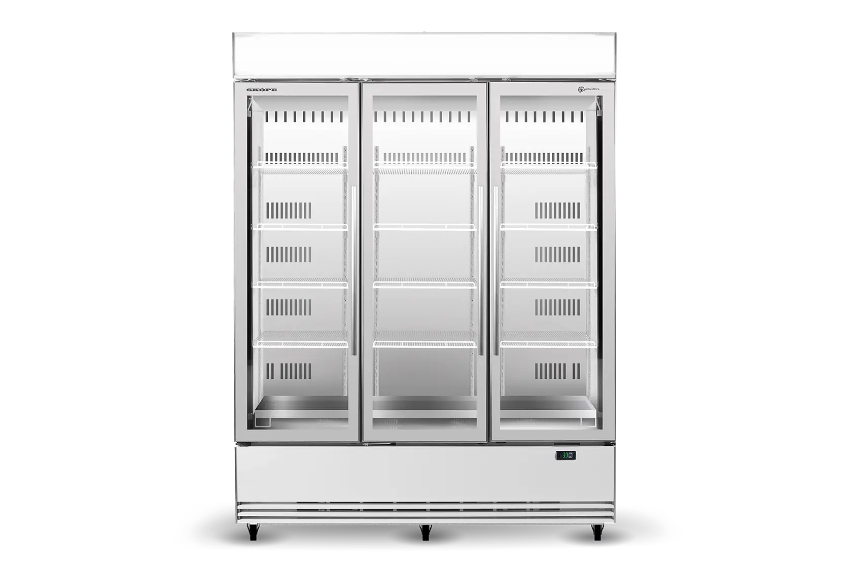 BME1500N-AC 3 Glass Door Display or Storage Fridge, Lit Sign