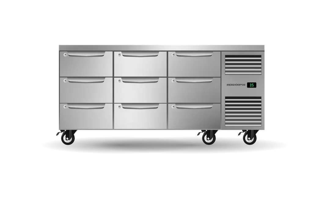 Nine Drawer, Three Bay, Underbench GN 1/1 Right Hand Fridge