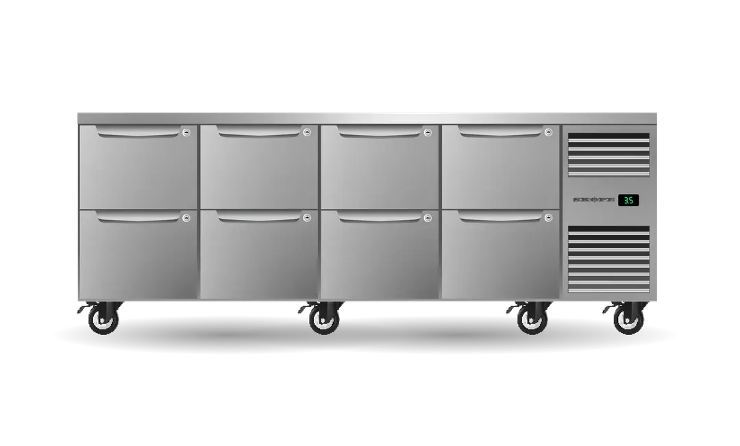 Eight Drawer, Four Bay, Underbench GN1/1 Right Hand Fridge